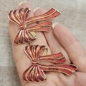 Elegant Gold and Red Holiday Bow Earrings